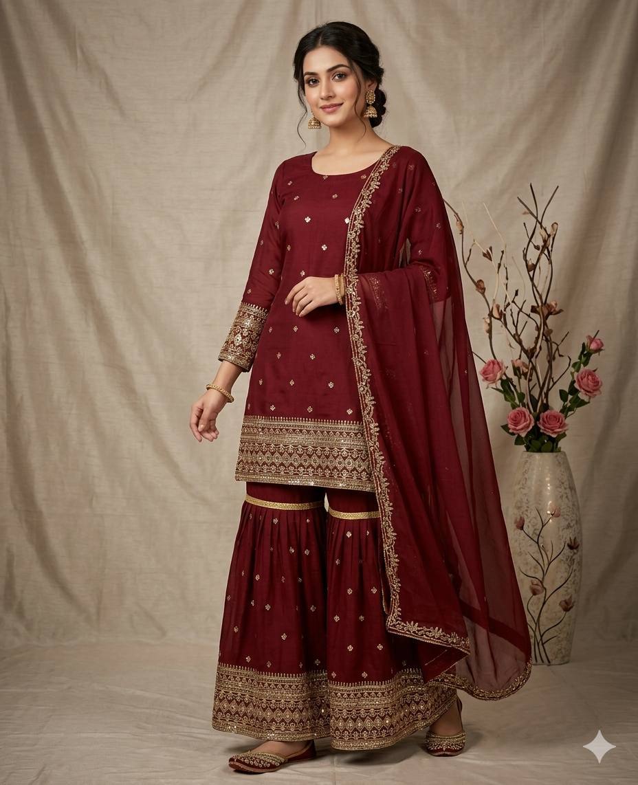 Pavitra - VL Heavy Vichitra silk with heavy embroidery work Top Bottom set
