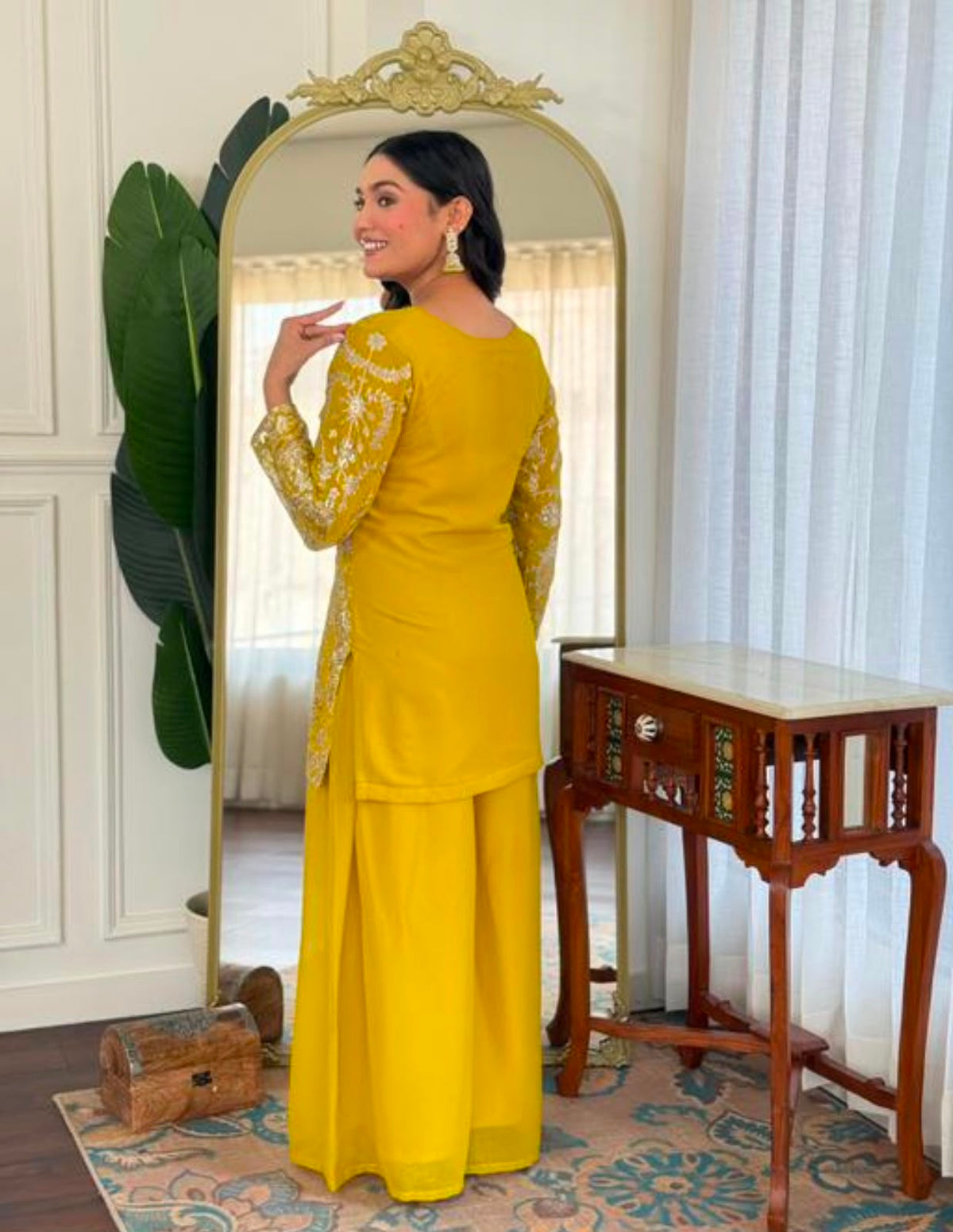 Mustard Yellow Embroidered Kurta Set with Draped Dupatta