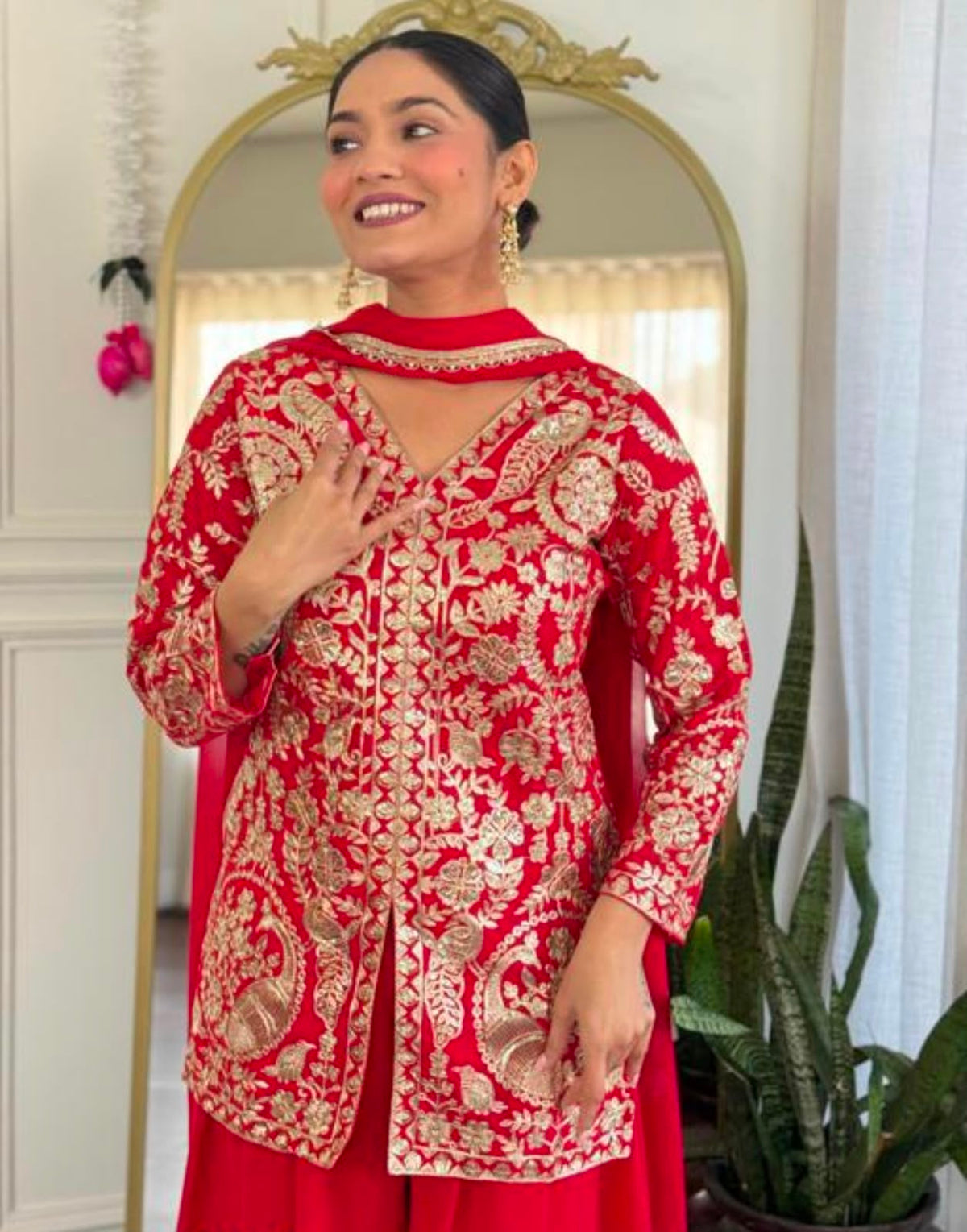 Ruby Red Zari Embroidered Kurta Sharara Set