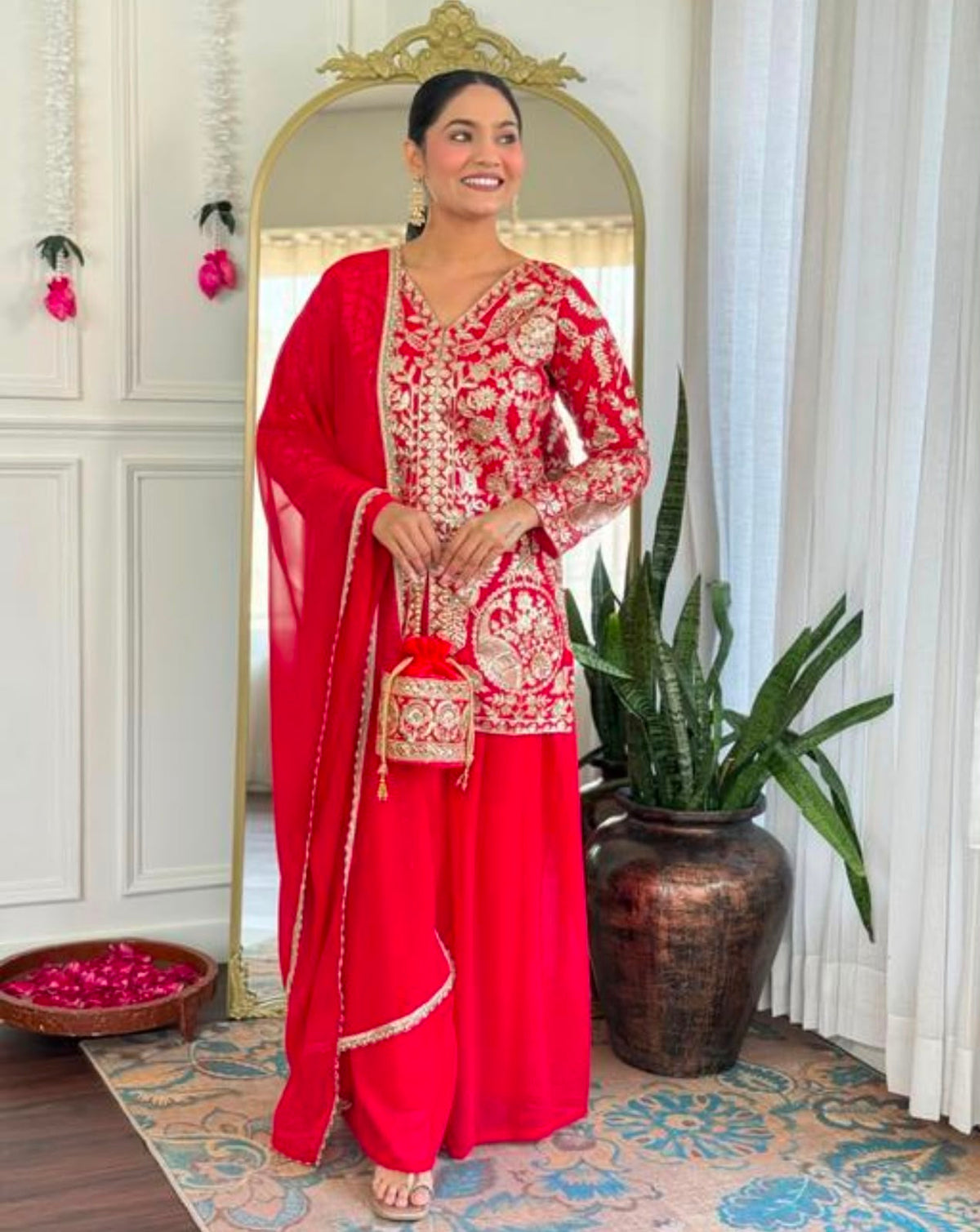 Ruby Red Zari Embroidered Kurta Sharara Set