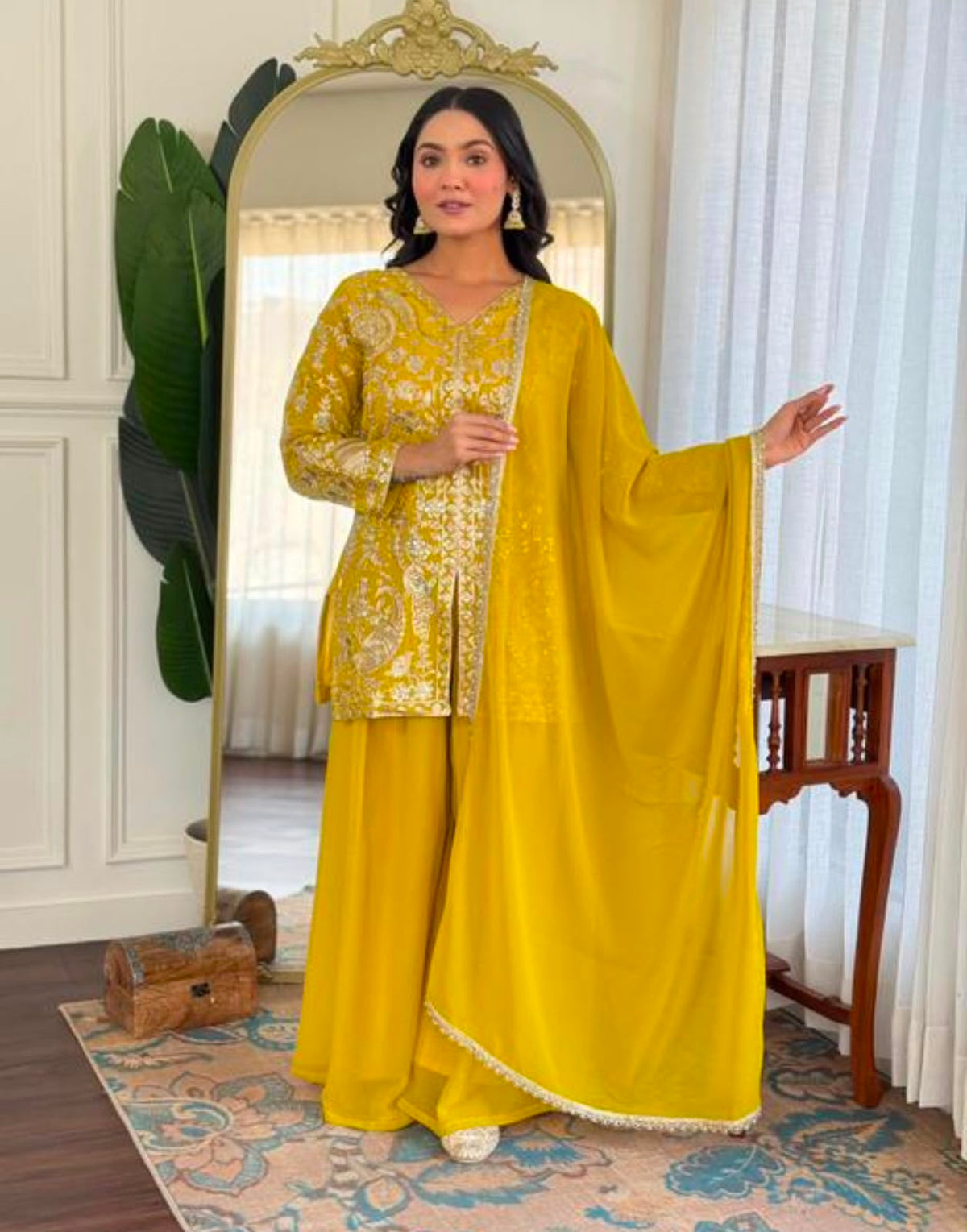 Mustard Yellow Embroidered Kurta Set with Draped Dupatta