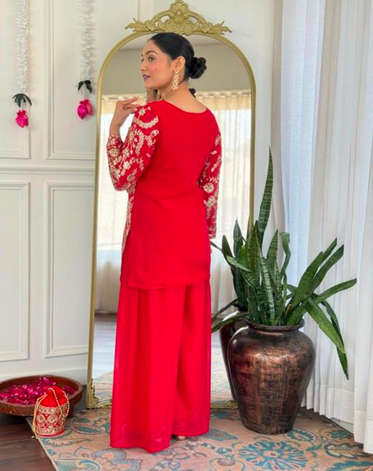 Ruby Red Zari Embroidered Kurta Sharara Set
