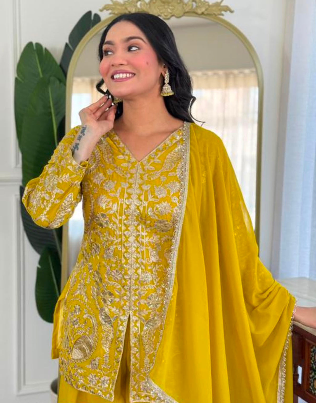 Mustard Yellow Embroidered Kurta Set with Draped Dupatta
