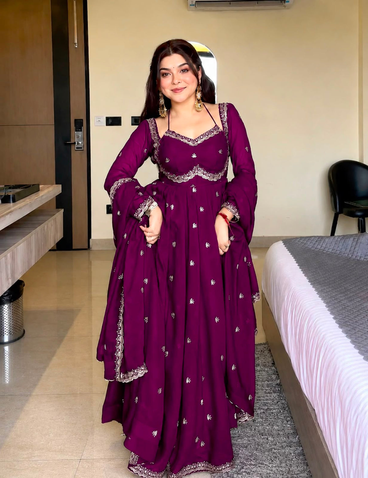 Royal Plum Embroidered Flared Anarkali Suit Set