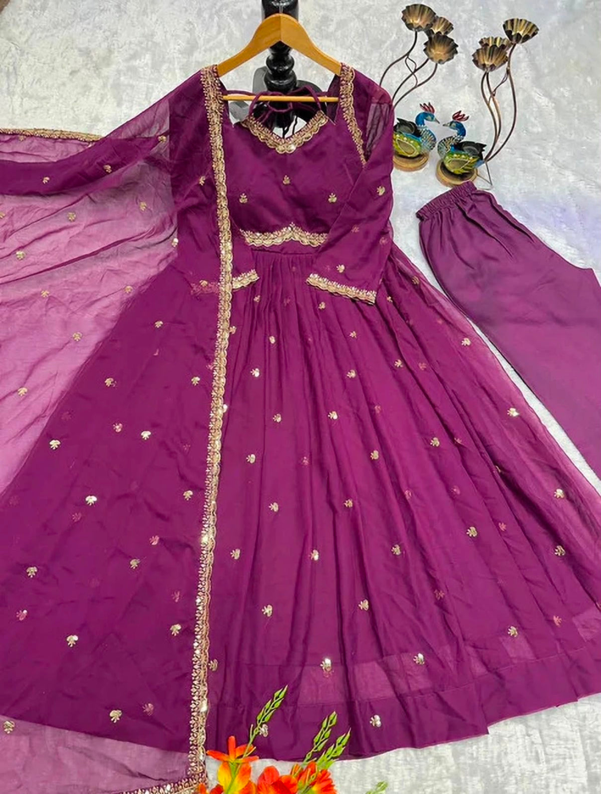 Royal Plum Embroidered Flared Anarkali Suit Set