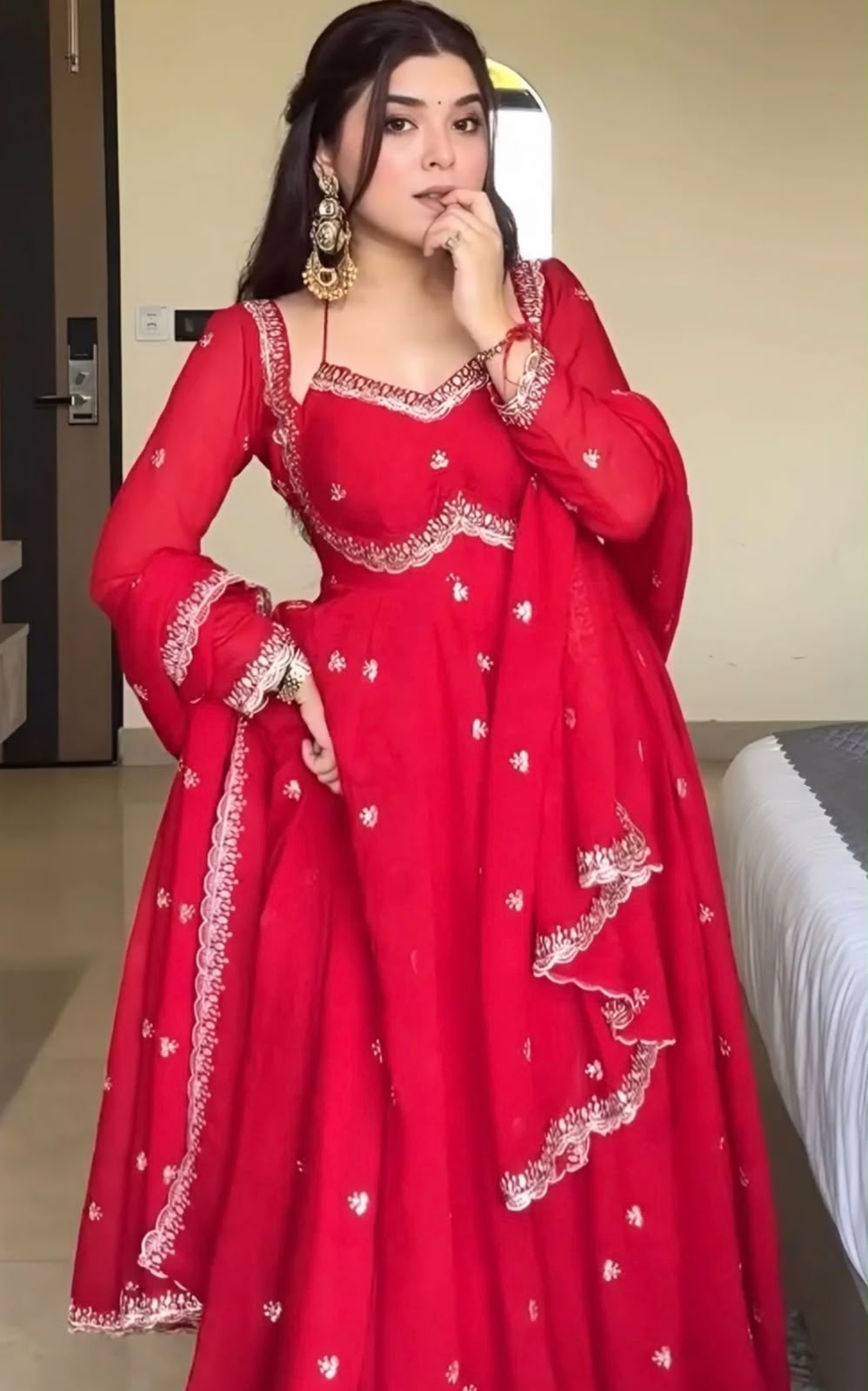 Ruby Red Embroidered Flared Anarkali Suit Set