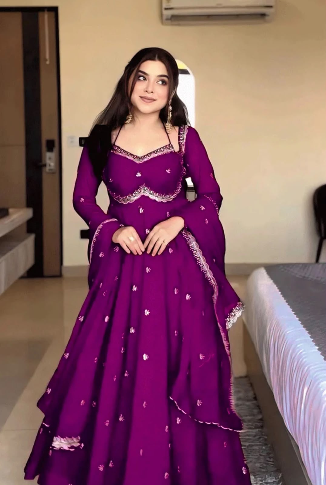 Royal Plum Embroidered Flared Anarkali Suit Set