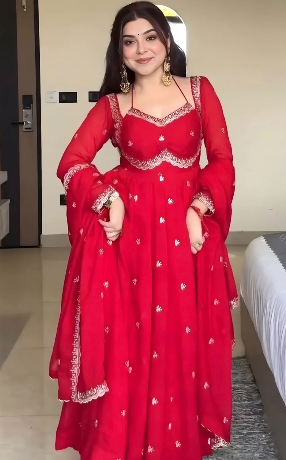 Ruby Red Embroidered Flared Anarkali Suit Set
