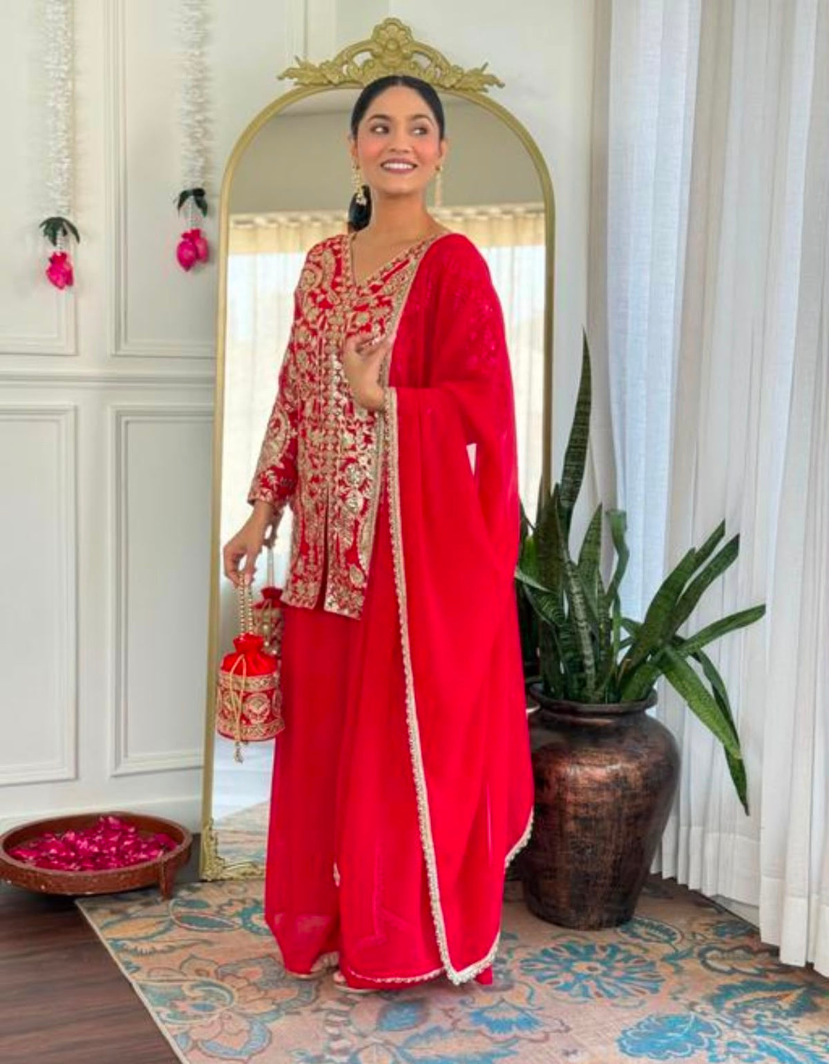 Ruby Red Zari Embroidered Kurta Sharara Set