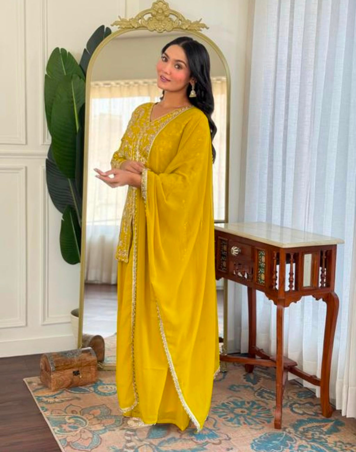Mustard Yellow Embroidered Kurta Set with Draped Dupatta