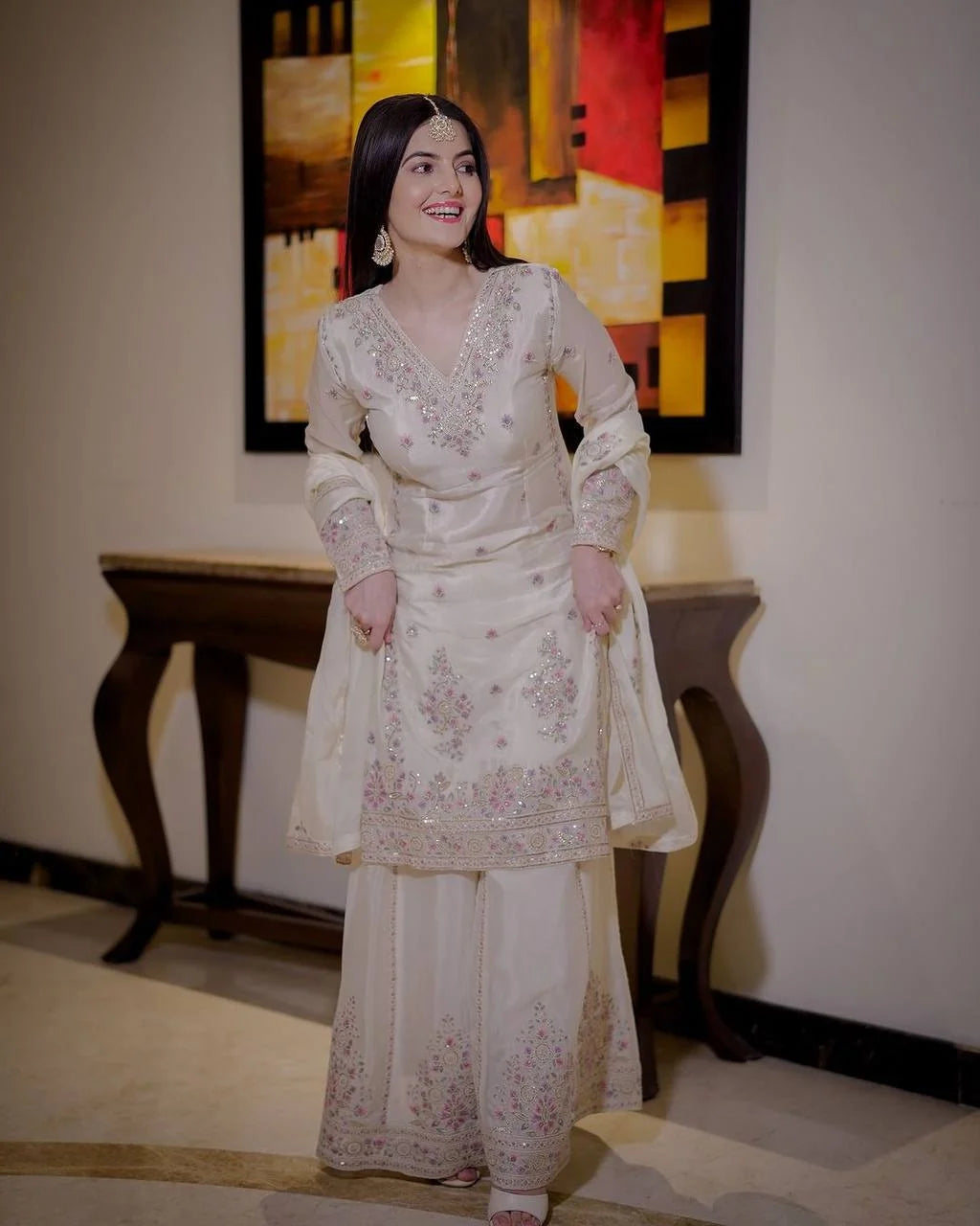 Rupal -Fully Stitched Fancy Outfit – Embroidered & Sequined Top with Plazzo and Dupatta