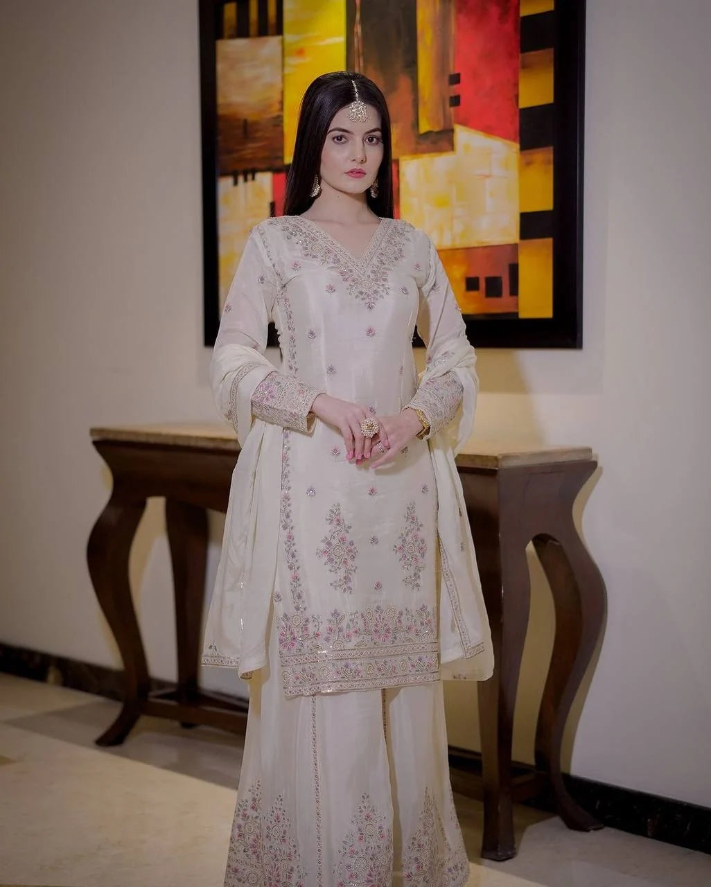 Rupal -Fully Stitched Fancy Outfit – Embroidered & Sequined Top with Plazzo and Dupatta