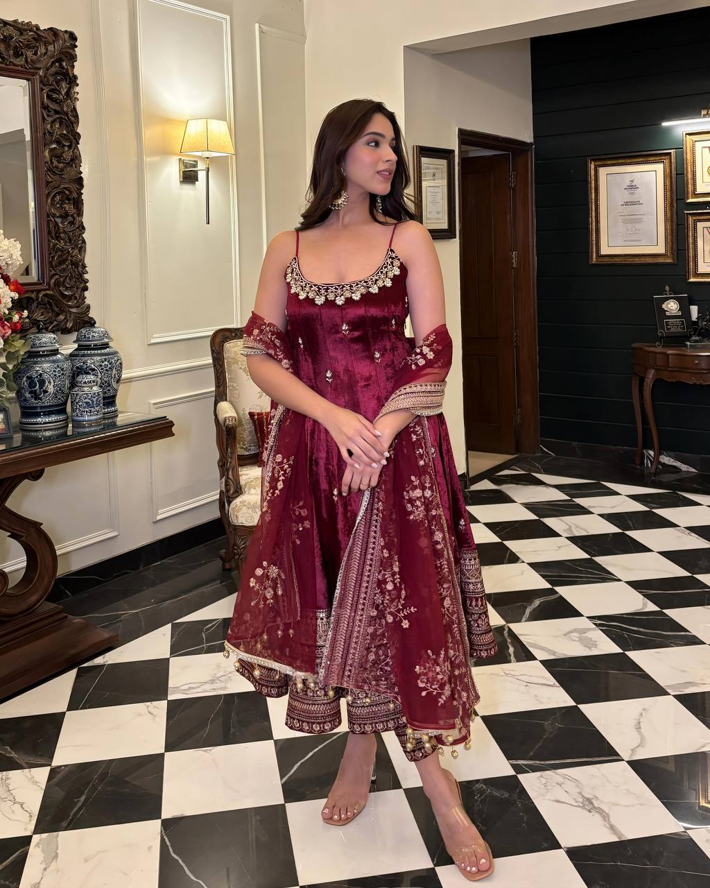 Bhumi-TD Vichitra Silk Embroidered Gown Set with Pant and Dupatta