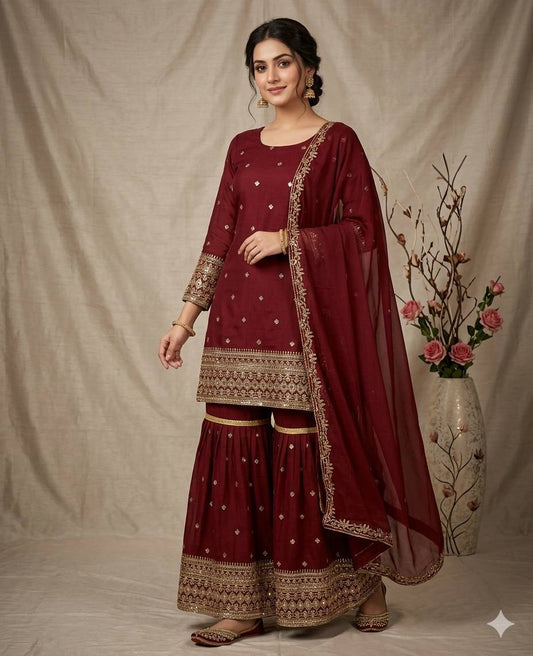Pavitra - VL Heavy Vichitra silk with heavy embroidery work Top Bottom set