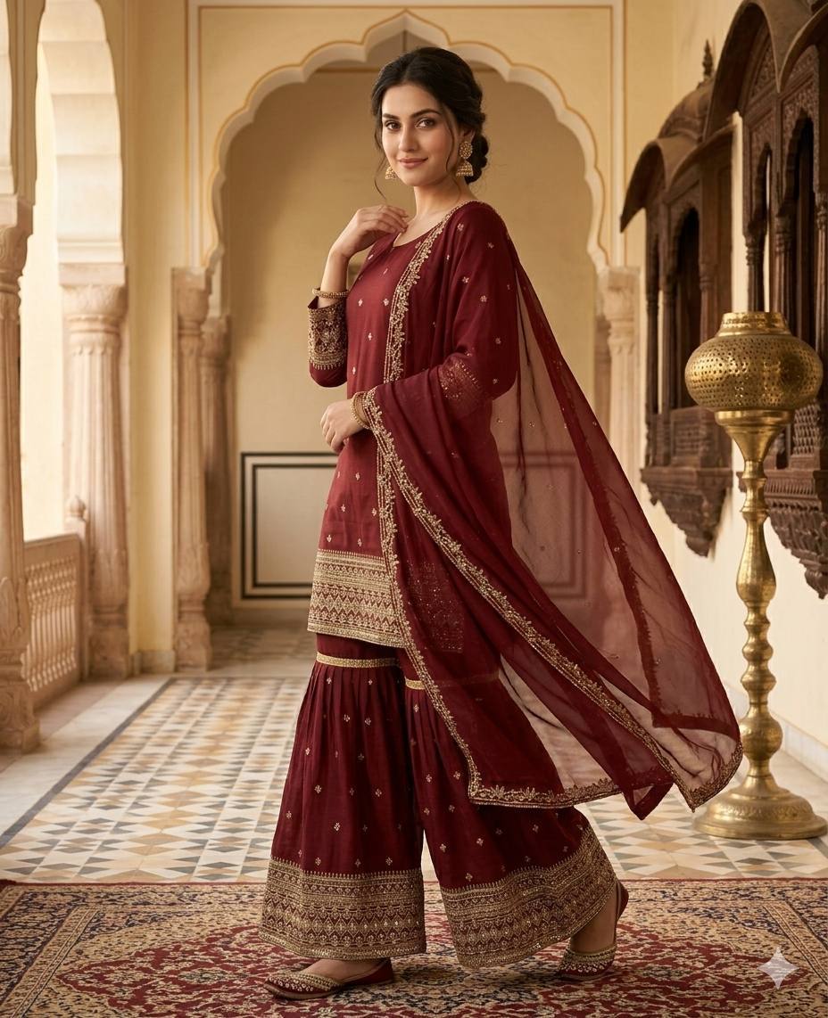 Pavitra - VL Heavy Vichitra silk with heavy embroidery work Top Bottom set