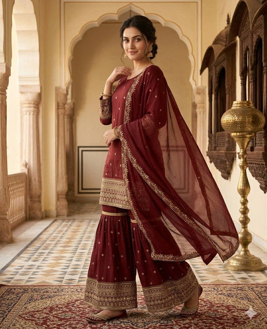Pavitra - VL Heavy Vichitra silk with heavy embroidery work Top Bottom set