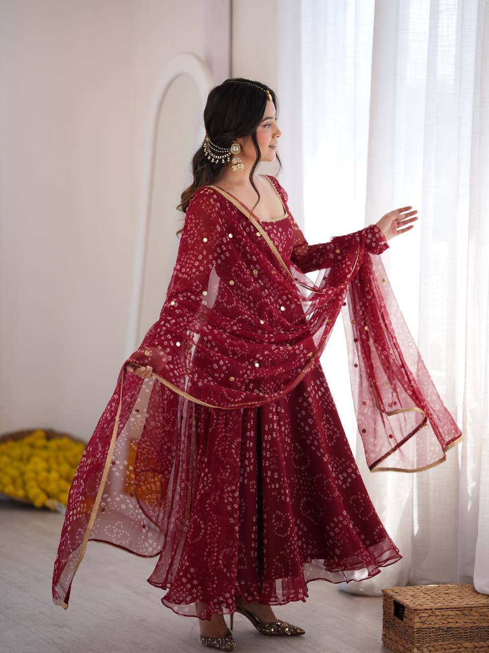 Riya Wine Red Bandhani Anarkali Suit Set