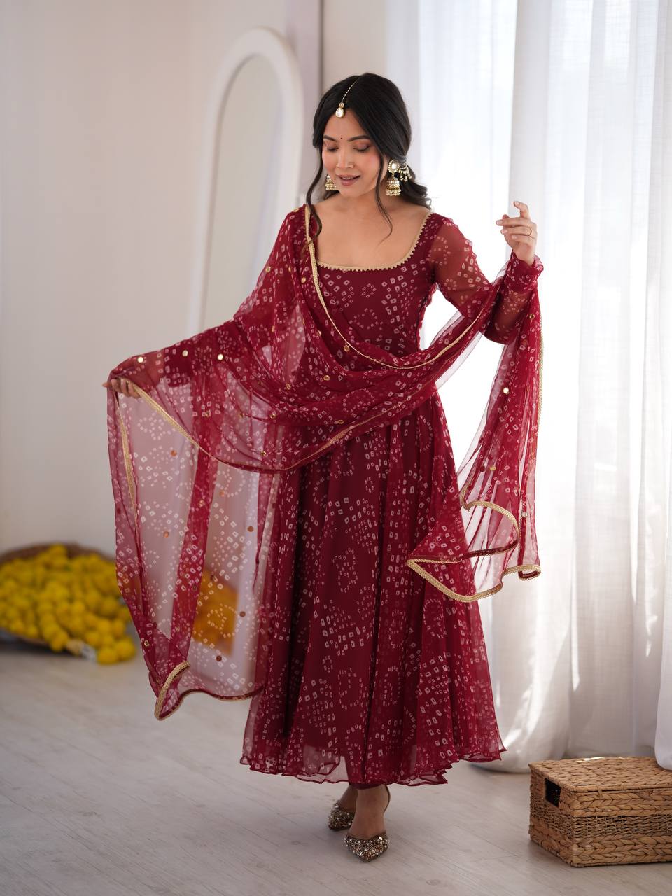 Riya Wine Red Bandhani Anarkali Suit Set