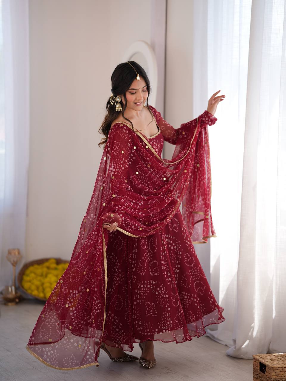 Riya Wine Red Bandhani Anarkali Suit Set