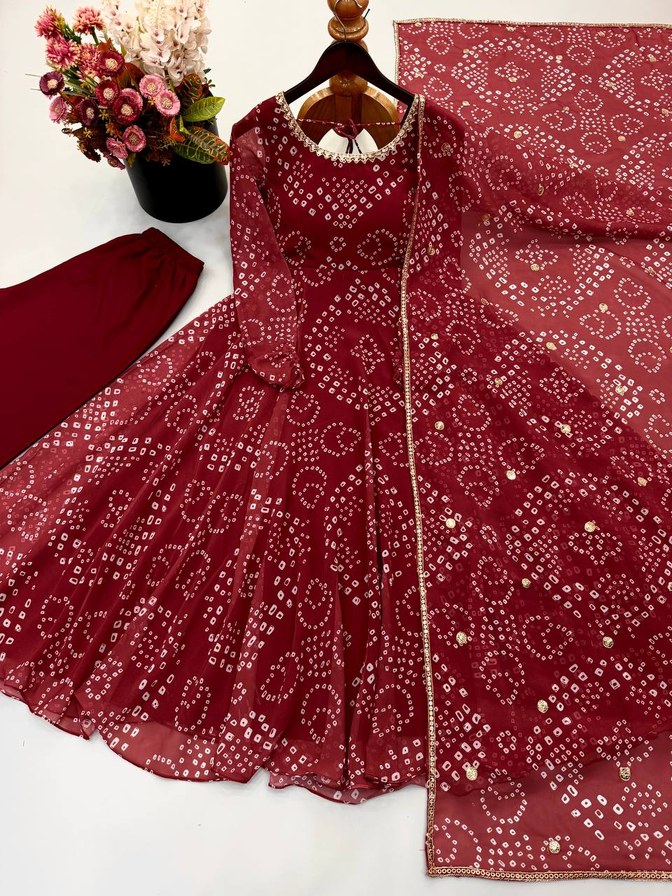 Riya Wine Red Bandhani Anarkali Suit Set