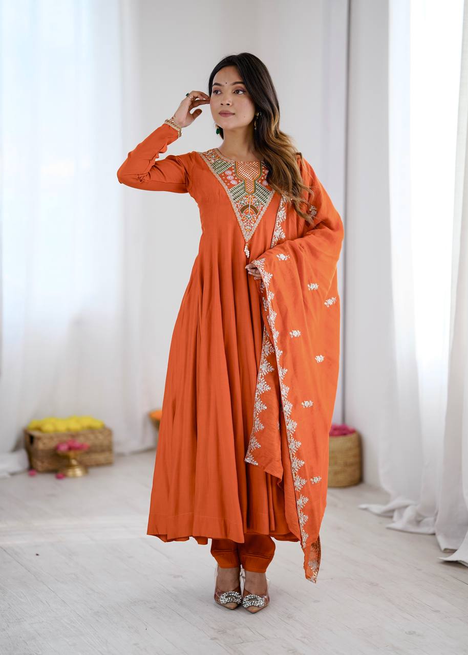 Aarvi Orange Embroidered Anarkali Suit Set