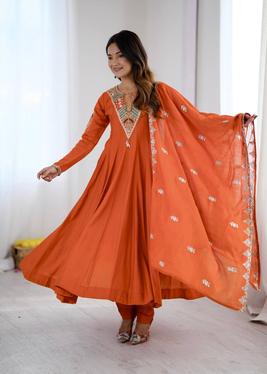 Aarvi Orange Embroidered Anarkali Suit Set