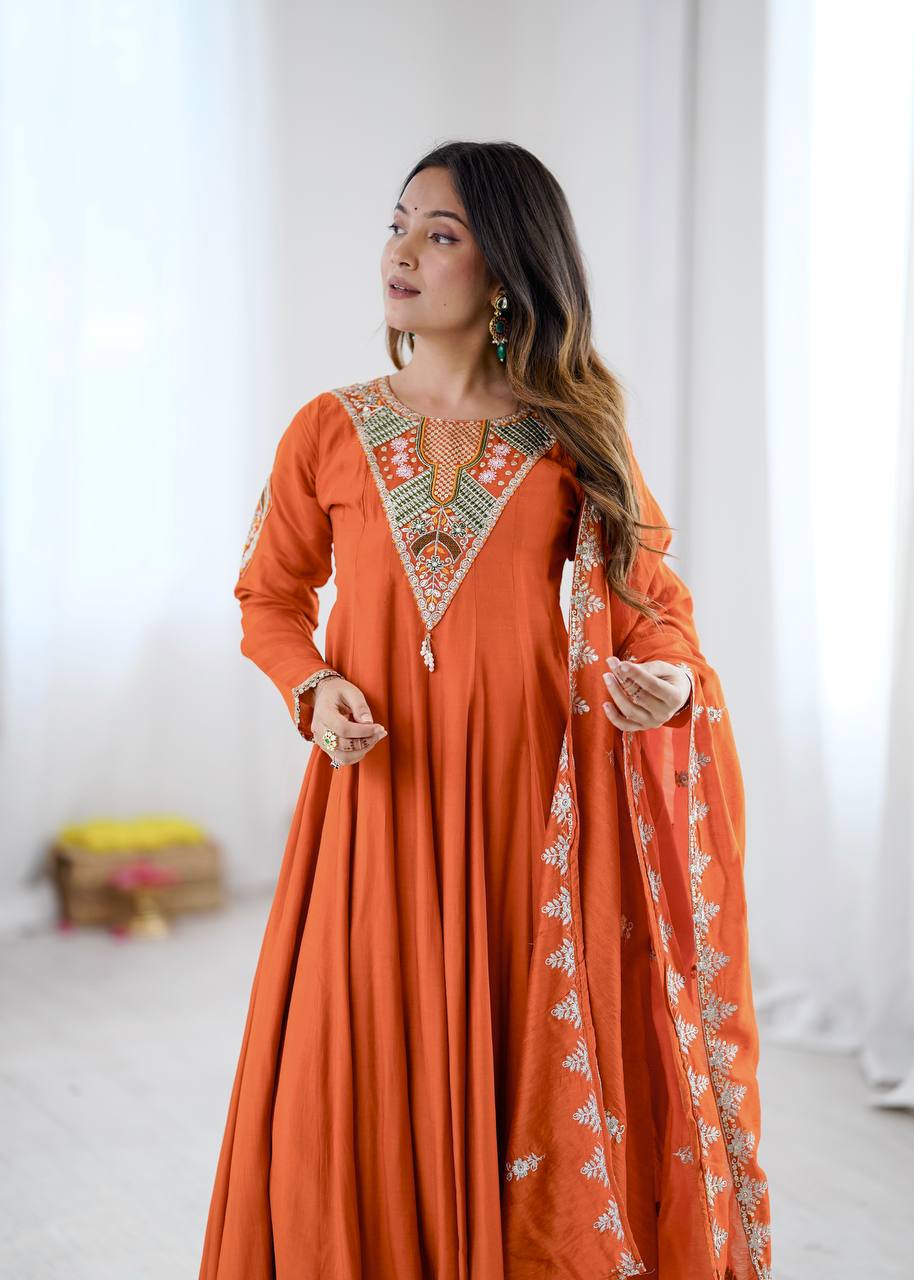 Aarvi Orange Embroidered Anarkali Suit Set
