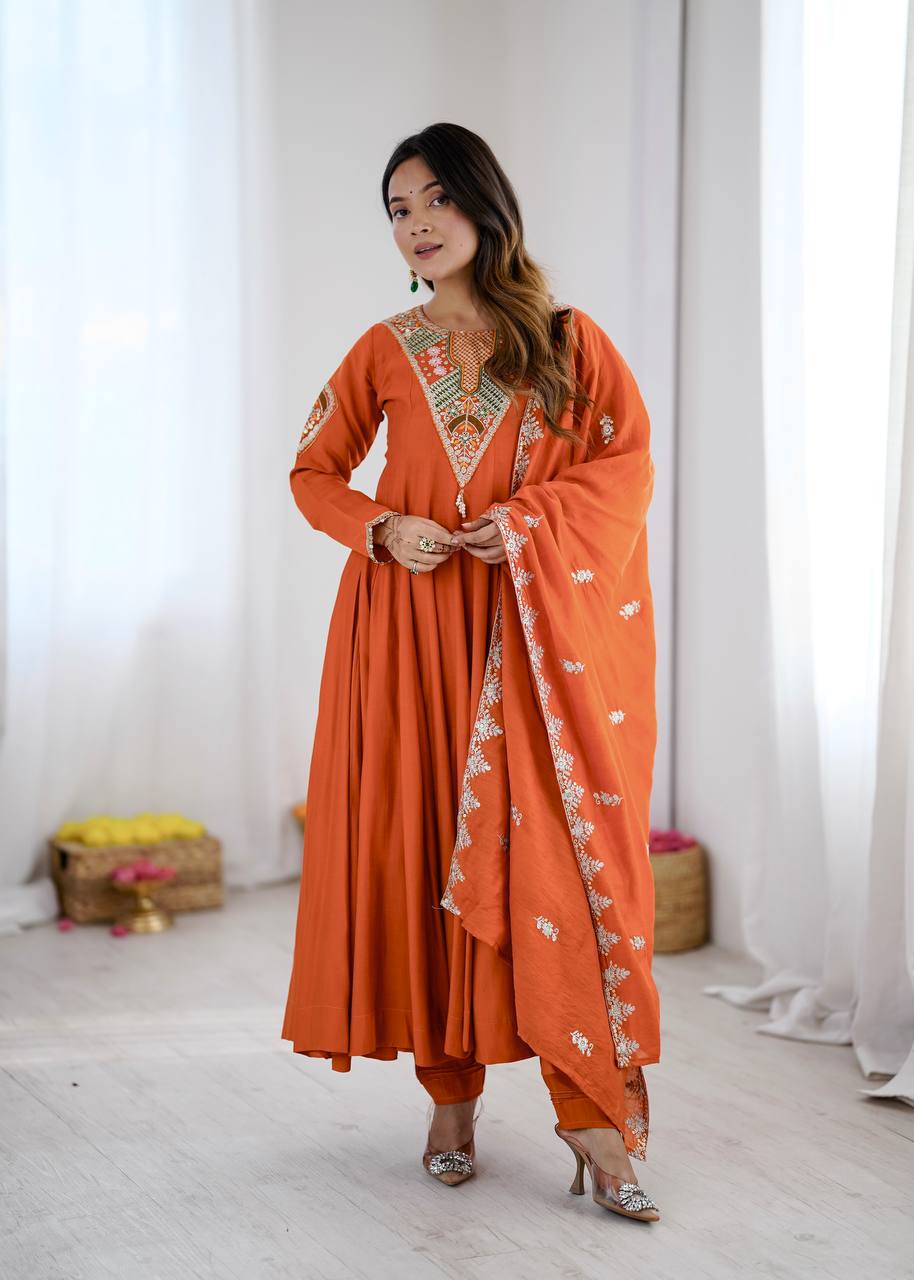 Aarvi Orange Embroidered Anarkali Suit Set