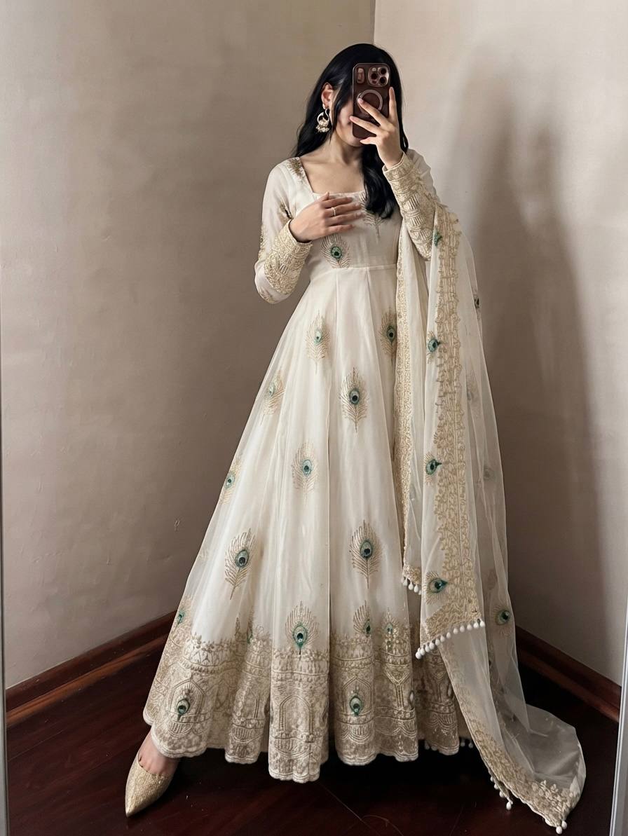 Mayura Ivory Peacock Embroidered Anarkali Suit Set