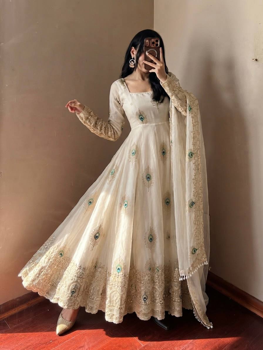 Mayura Ivory Peacock Embroidered Anarkali Suit Set