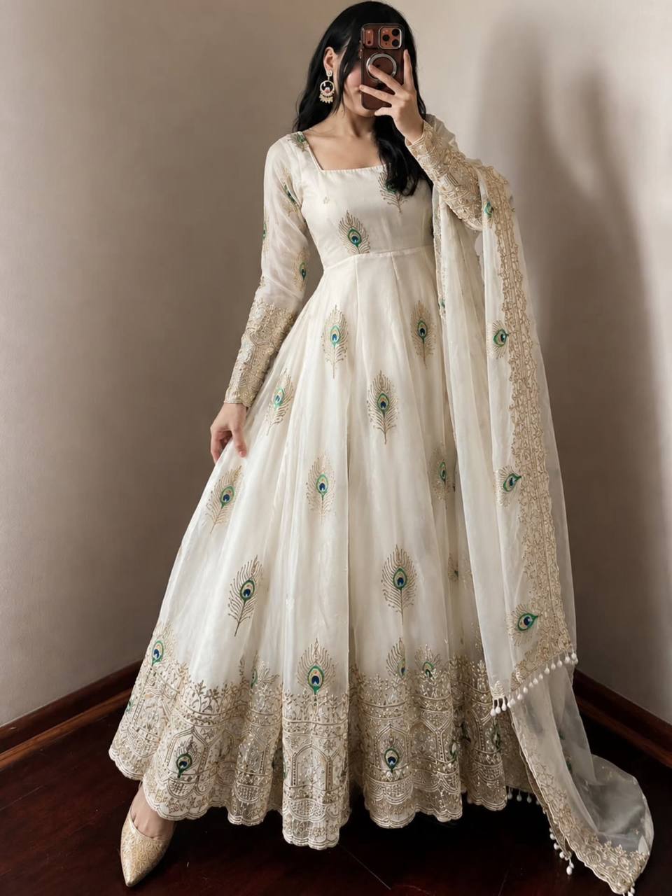 Mayura Ivory Peacock Embroidered Anarkali Suit Set