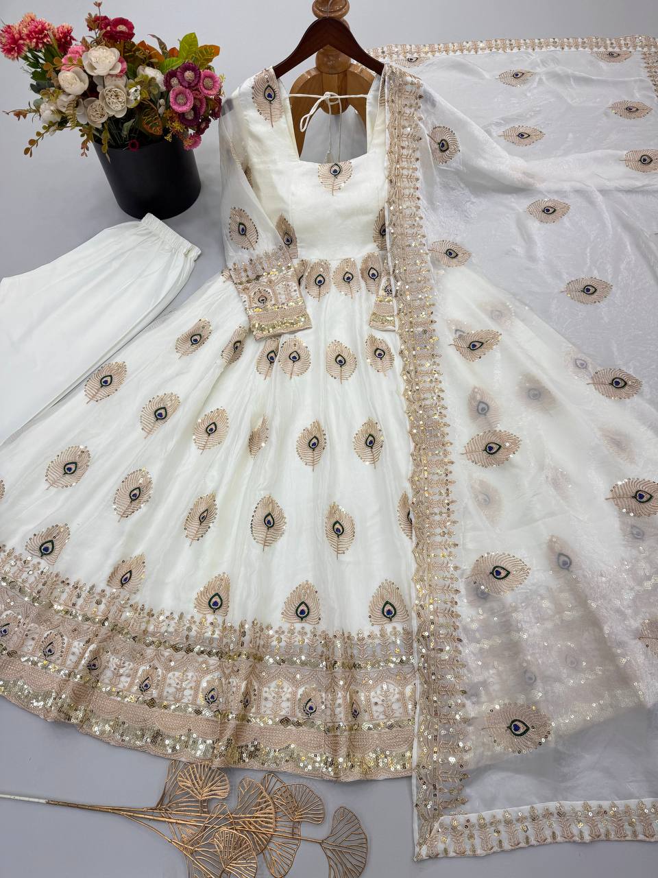 Mayura Ivory Peacock Embroidered Anarkali Suit Set