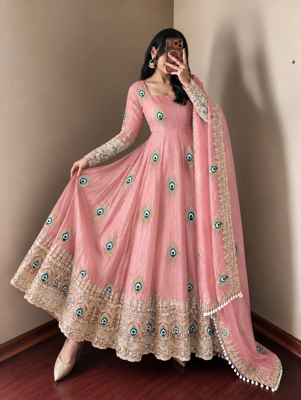Mayura Blush Pink Peacock Embroidered Anarkali Suit Set