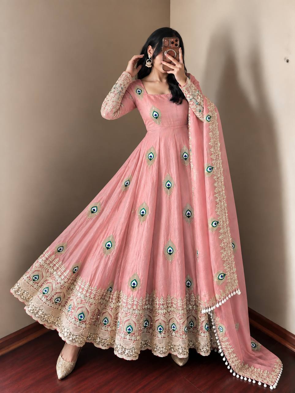 Mayura Blush Pink Peacock Embroidered Anarkali Suit Set