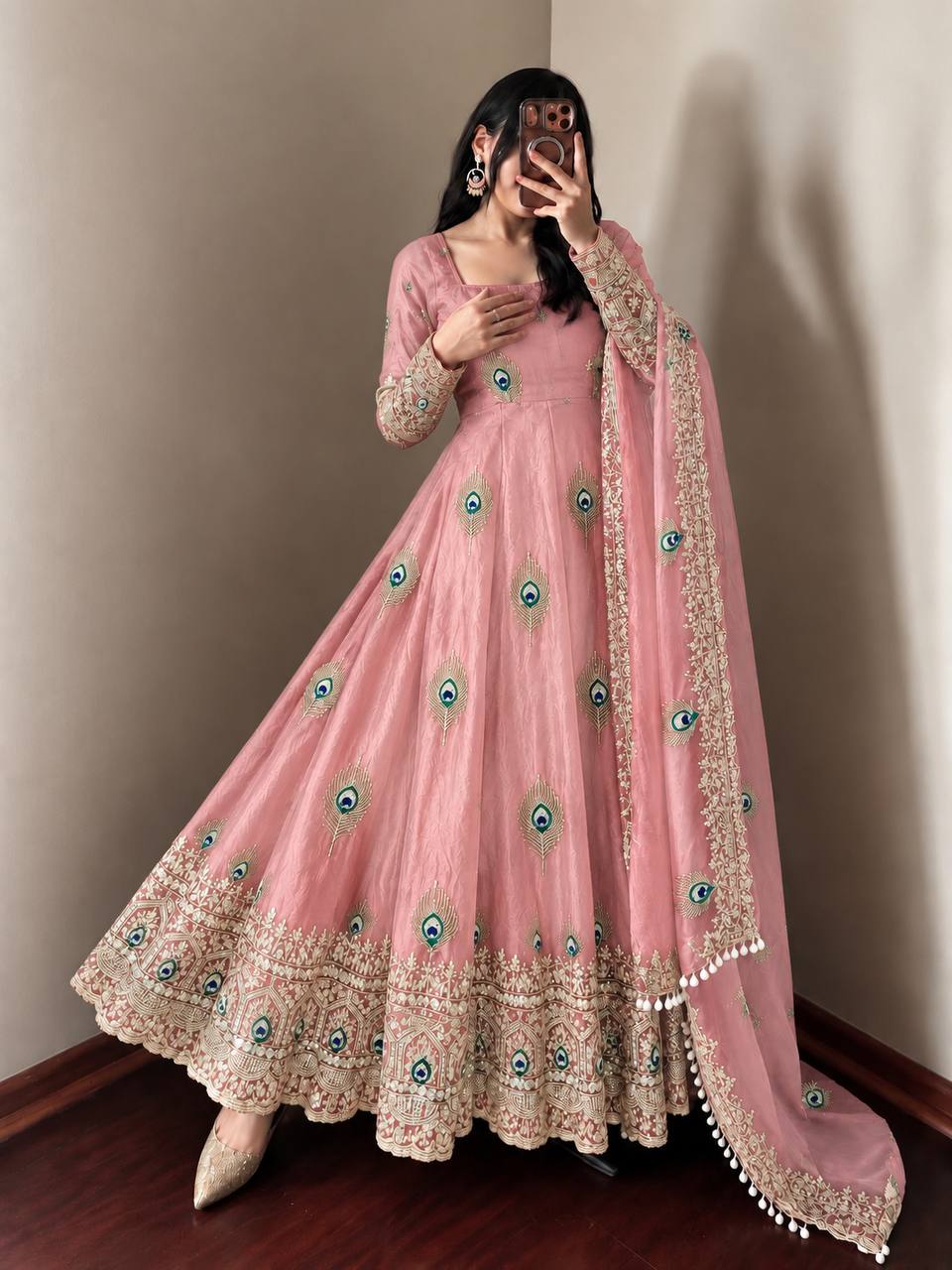 Mayura Blush Pink Peacock Embroidered Anarkali Suit Set