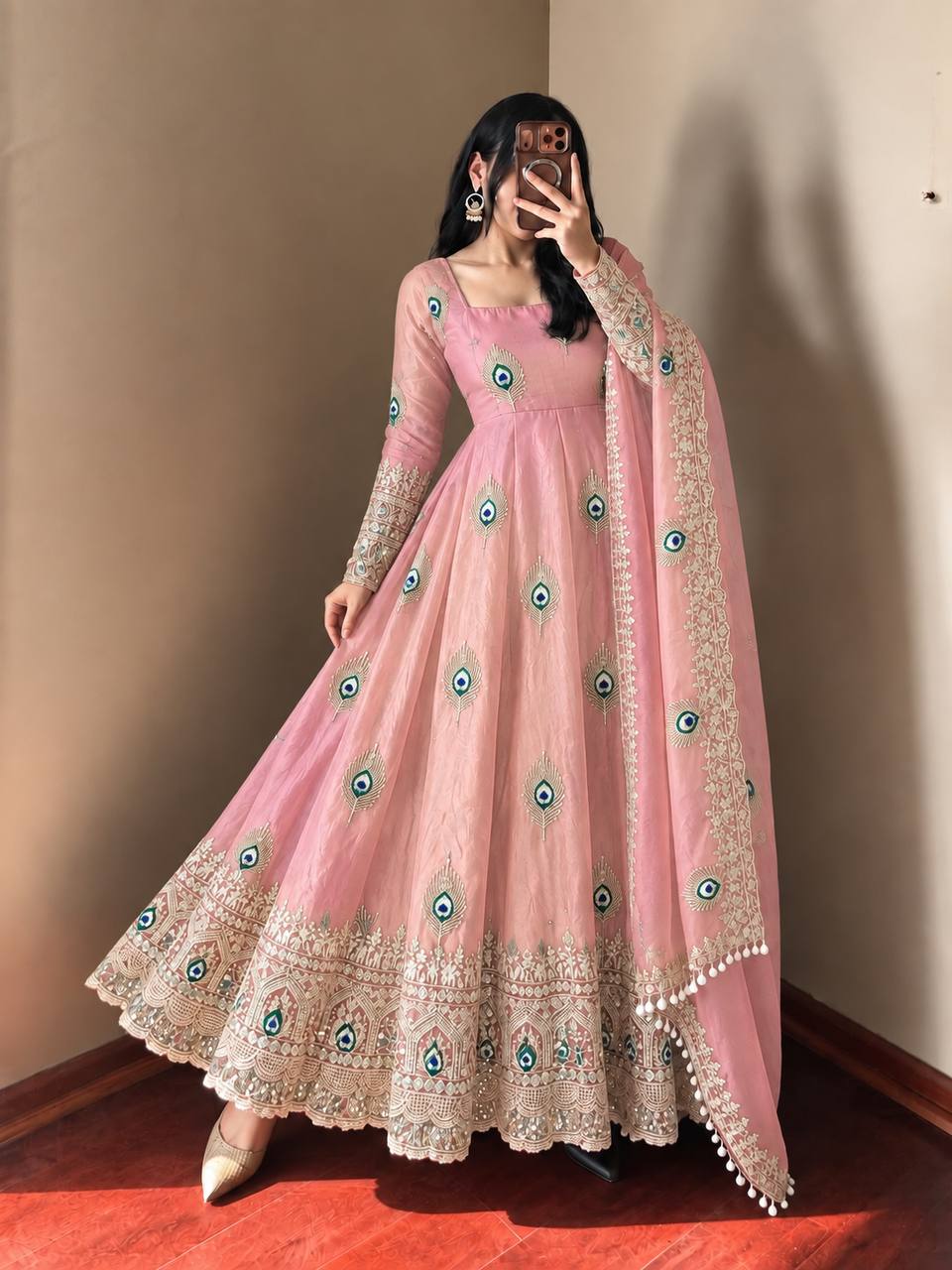 Mayura Blush Pink Peacock Embroidered Anarkali Suit Set