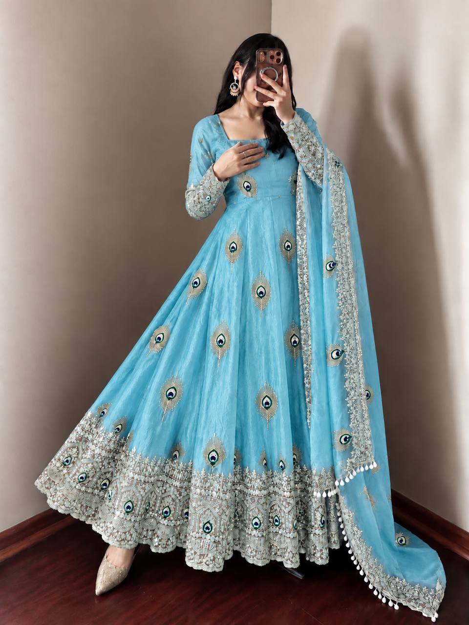 Mayura Sky Blue Peacock Embroidered Anarkali Suit Set