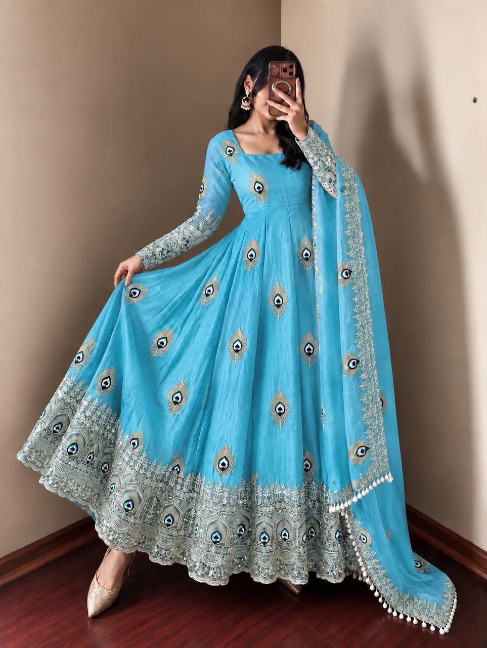 Mayura Sky Blue Peacock Embroidered Anarkali Suit Set