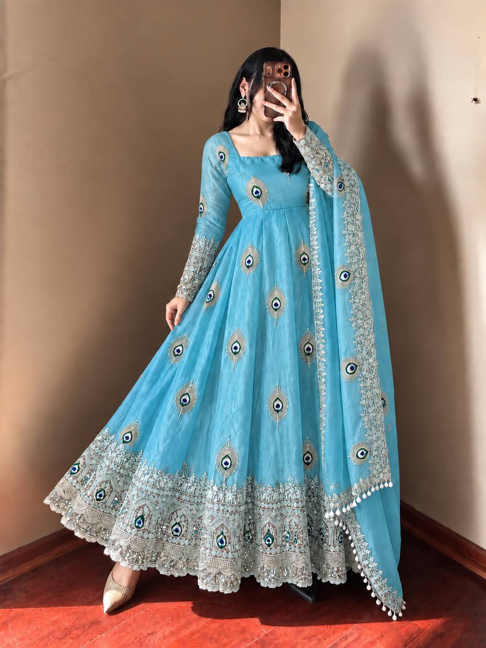 Mayura Sky Blue Peacock Embroidered Anarkali Suit Set
