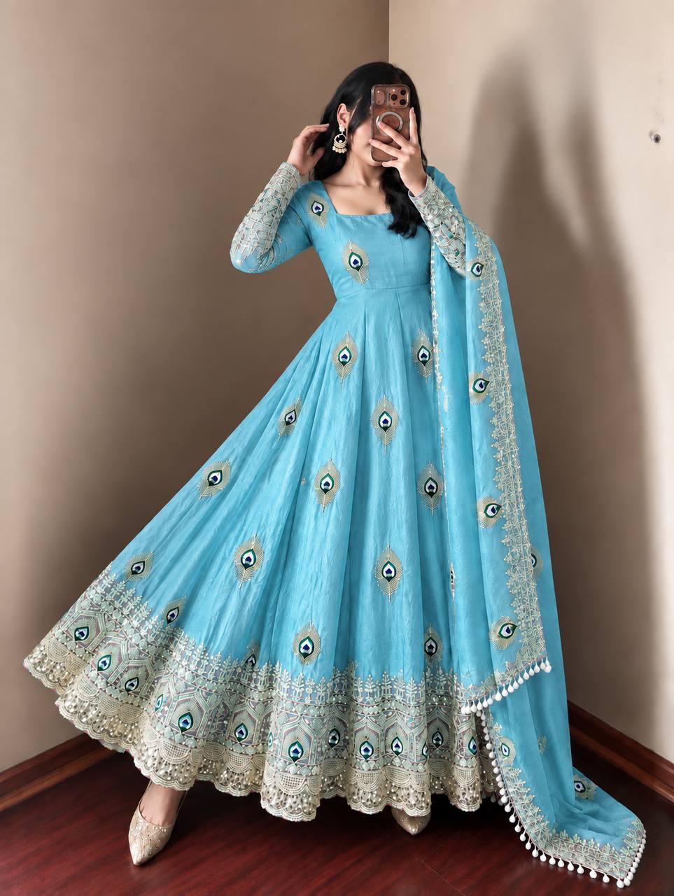 Mayura Sky Blue Peacock Embroidered Anarkali Suit Set