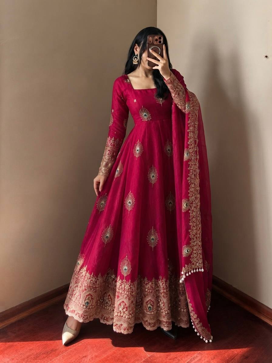 Mayura Rani Pink Peacock Embroidered Anarkali Suit Set