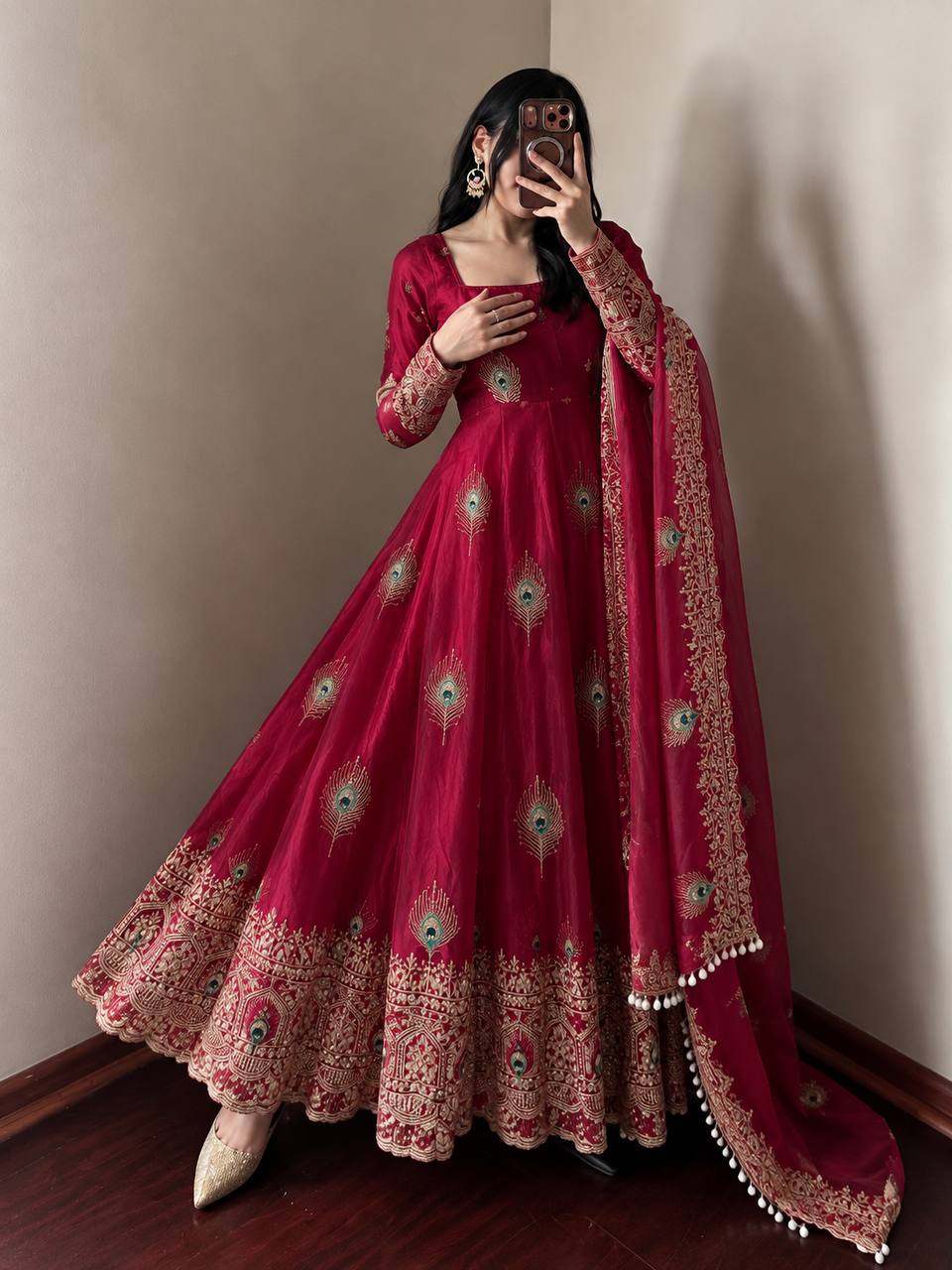 Mayura Rani Pink Peacock Embroidered Anarkali Suit Set
