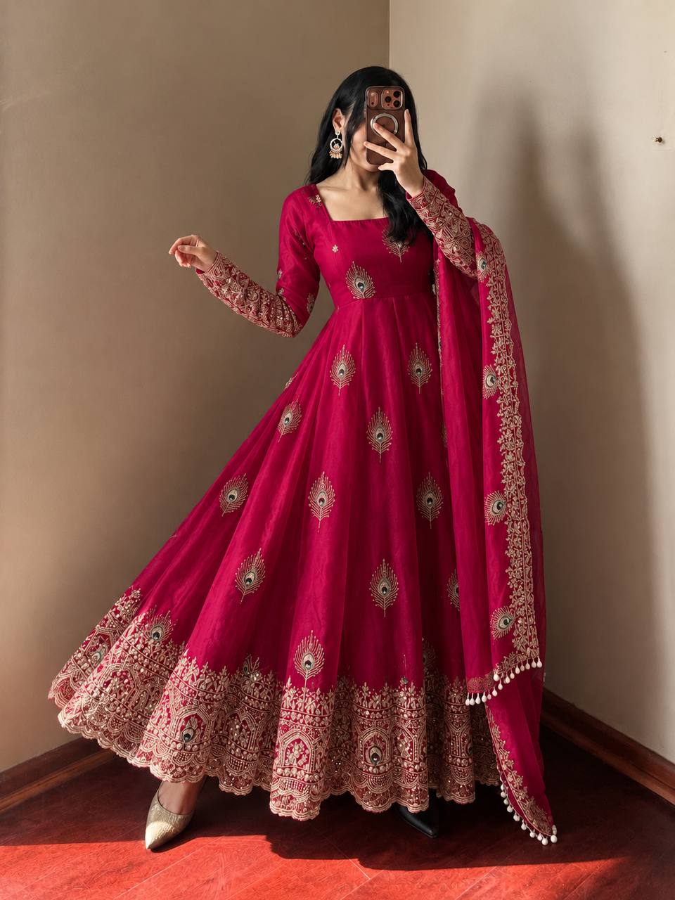 Mayura Rani Pink Peacock Embroidered Anarkali Suit Set