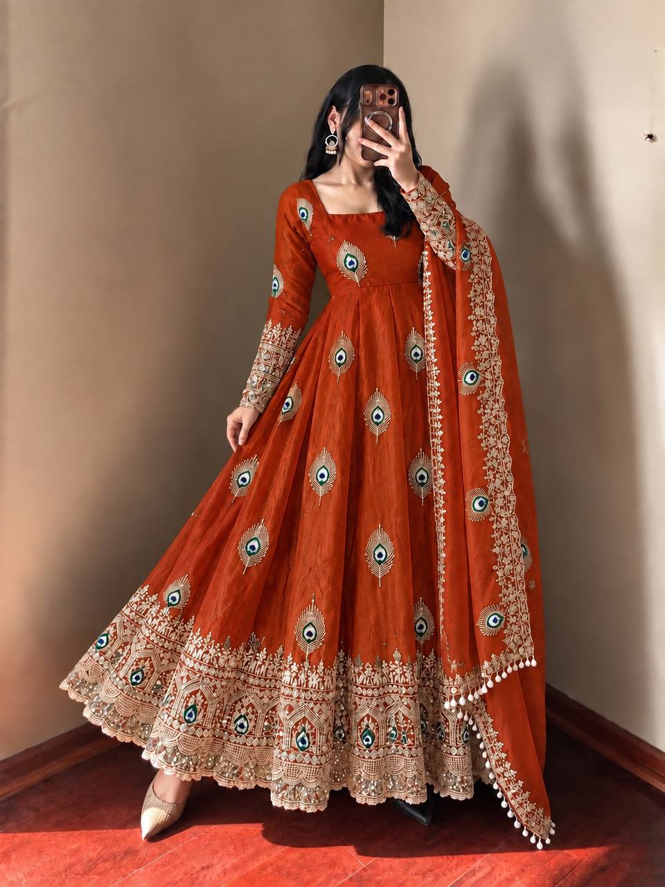 Mayura Burnt Orange Peacock Embroidered Anarkali Suit Set