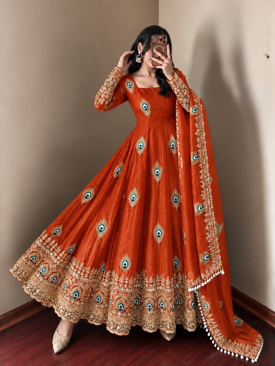 Mayura Burnt Orange Peacock Embroidered Anarkali Suit Set