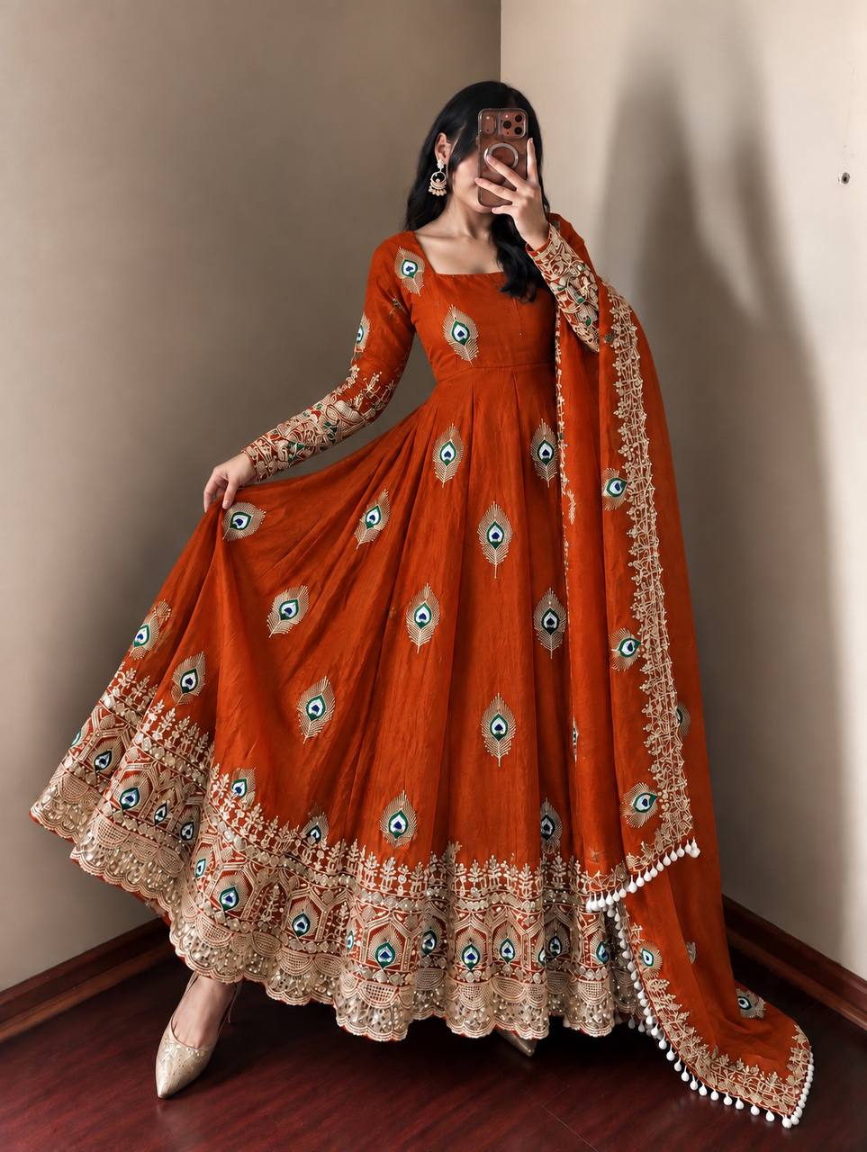 Mayura Burnt Orange Peacock Embroidered Anarkali Suit Set