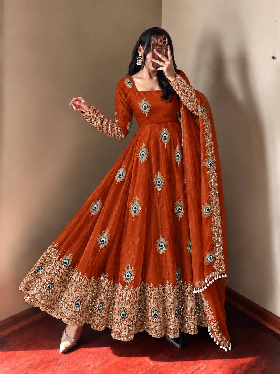 Mayura Burnt Orange Peacock Embroidered Anarkali Suit Set