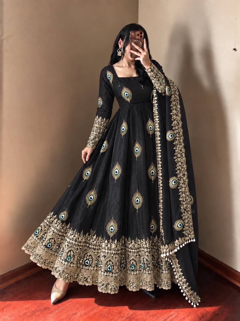 Mayura Midnight Black Peacock Embroidered Anarkali Suit Set