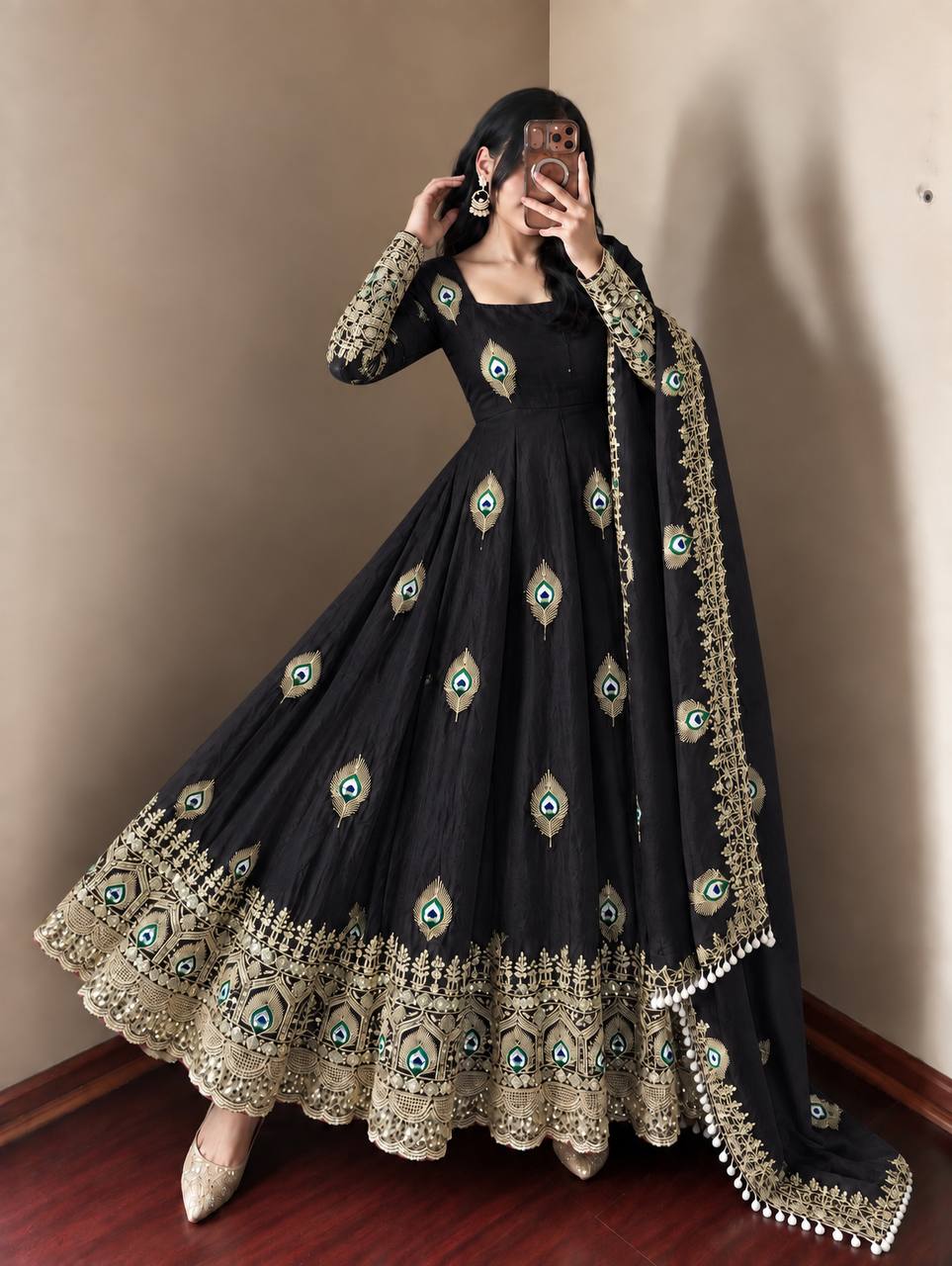 Mayura Midnight Black Peacock Embroidered Anarkali Suit Set