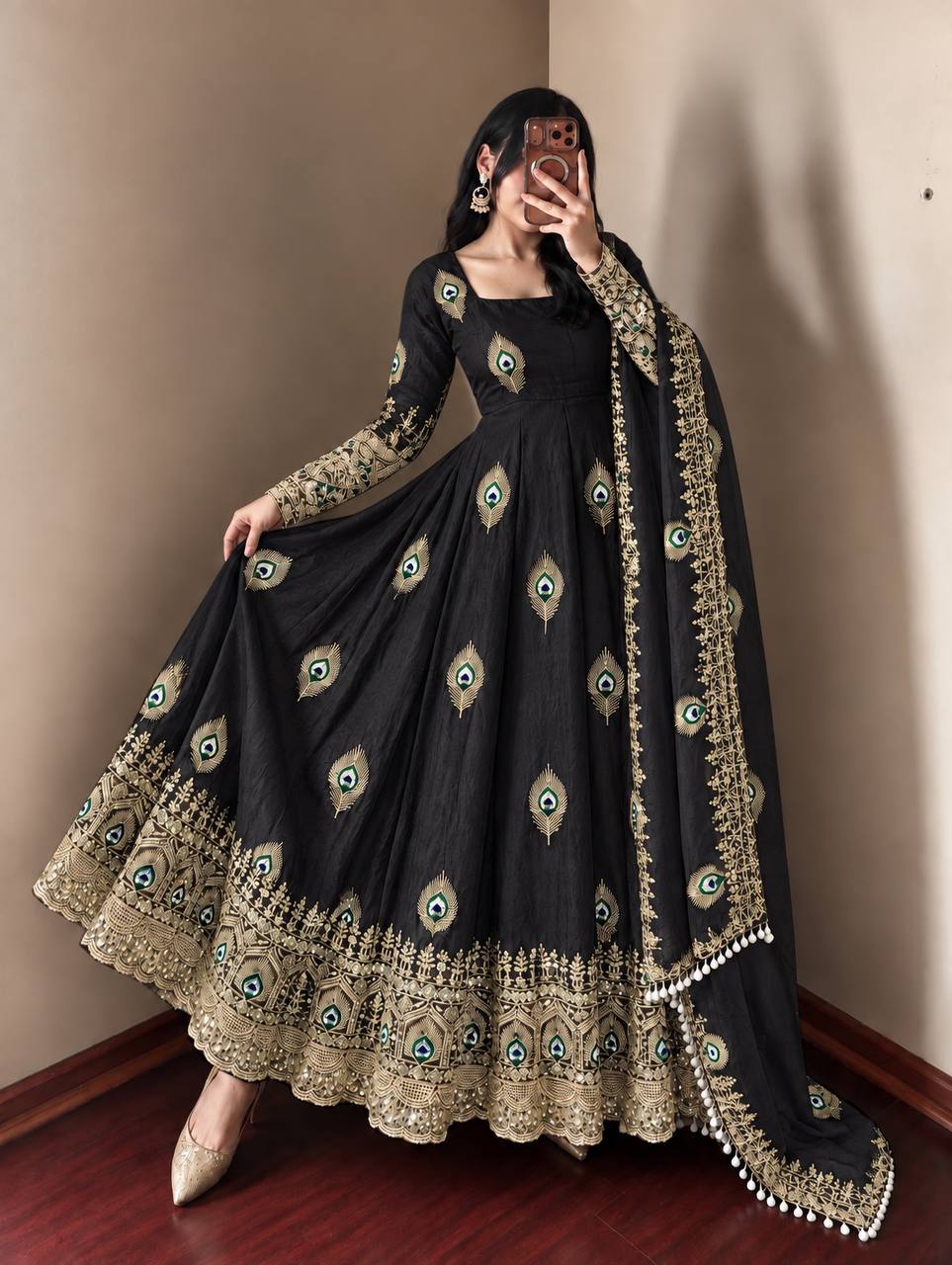 Mayura Midnight Black Peacock Embroidered Anarkali Suit Set